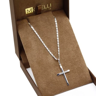 Corrente De Prata 925 Masculina Piastrine 60cm Pingente Crucifixo liso
