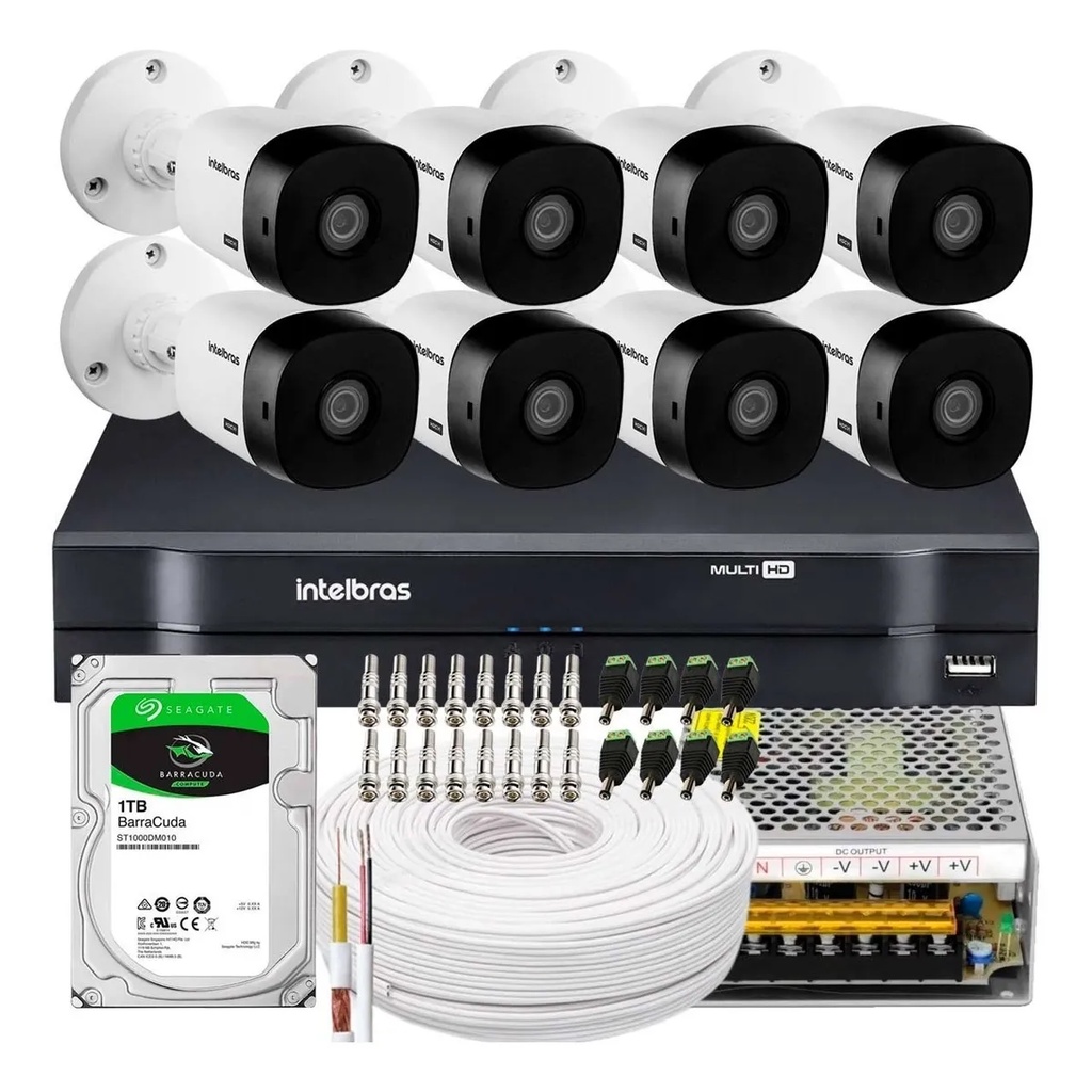 kit 8 Camera de Seguranca Intelbras 2mp 1220b Dvr 8 Canais Multi Hd