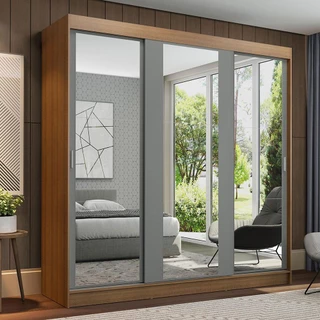 Guarda-Roupa Casal Madesa Reno 3 Portas de Correr de Espelho - Rustic/Cinza em Oferta na Shopee