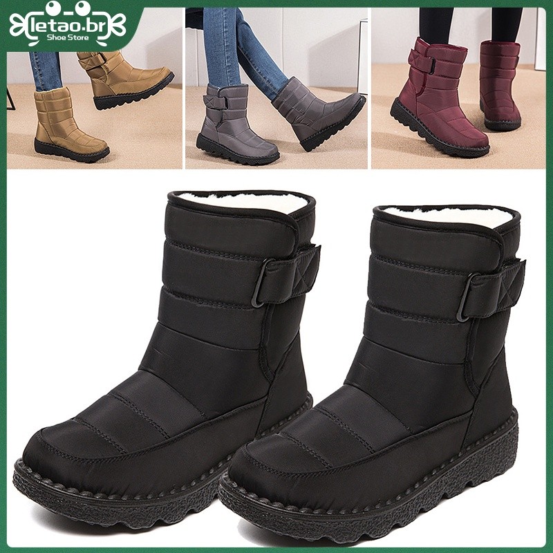 Bota Feminina De Cano Alto Antiderrapante/Botas De Neve Em Algodão Impermeável/2pçs