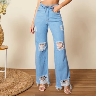 Calça Jeans Mom Feminina Cintura Alta Rasgadinha com laco