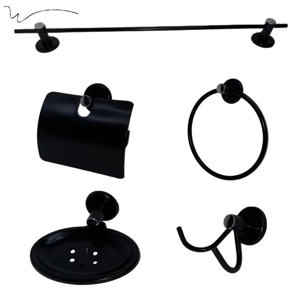 Kit Acessórios Banheiro Lavabo Stander Preto Fosco Matte Aluminio Inox Luxo 5 Peças Não Descasca