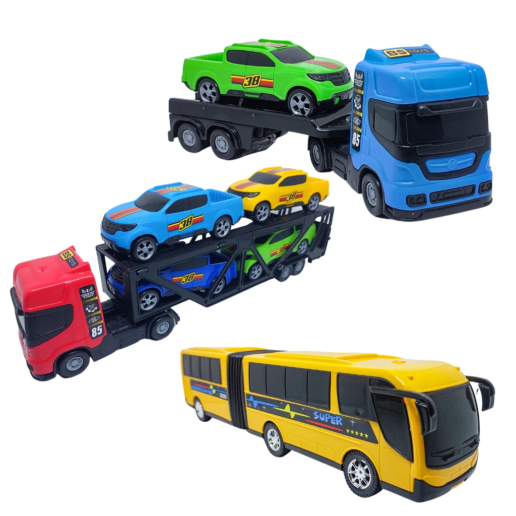 Caminhão Brinquedo Infantil Cegonha + Onibus + Reboque - Escorrega o Preço