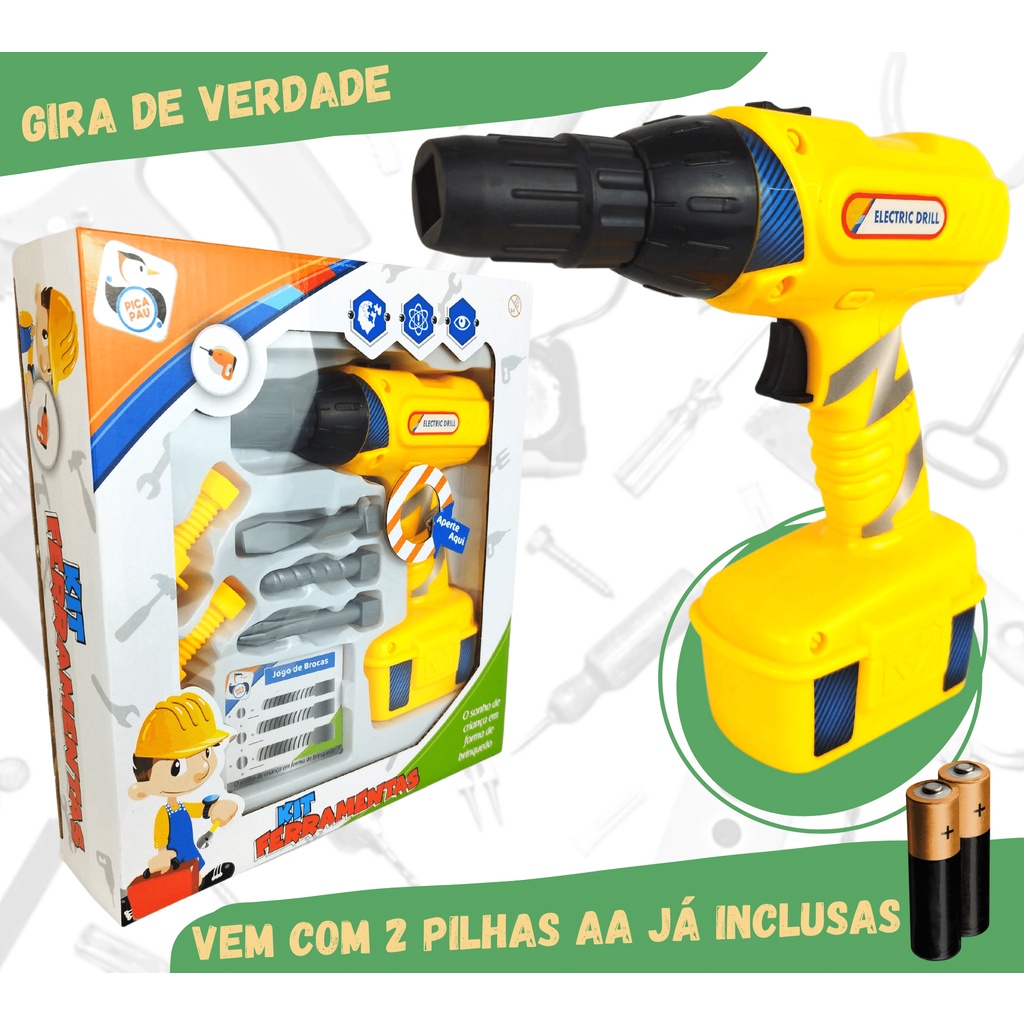 Brinquedo Parafusadeira Furadeira gira de verdade infantil criança a pilha  interativo | Shopee Brasil