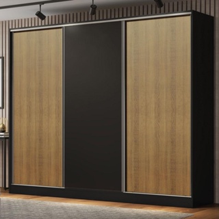 Guarda Roupa Casal 100% MDF Madesa Royale 3 Portas de Correr - Preto/Rustic/Preto