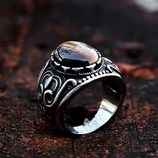 Casual Retro Totem Original Pedra Olho De Tigre Prata Titânio Aço Hip Hop Homens Punk Fashion Jewelry Band Anéis