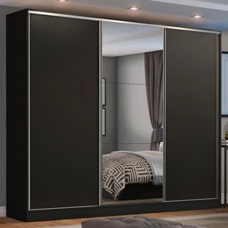 Guarda Roupa Casal 100% MDF Madesa Zurique 3 Portas de Correr com Espelho - Preto em Oferta na Shopee