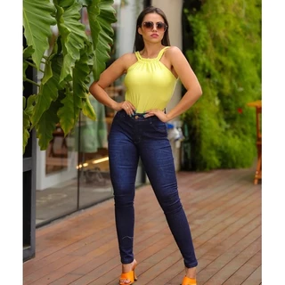 Calça Jeans Feminina da Moda Skinny Cós Alto Levanta Bumbum Hot Pants Cintura Alta Com Lycra Strech