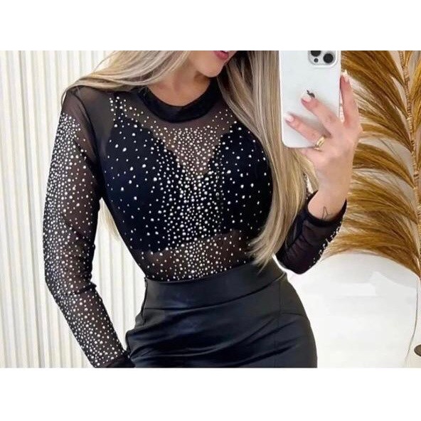 Body Tule Preto Pedraria com Brilho Tendência Manga Transparente Longa Balada CIH FASHION