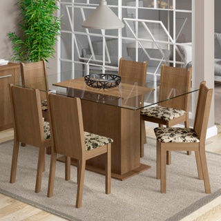 Conjunto Sala de Jantar Madesa Molly Mesa Tampo de Vidro com 6 Cadeiras - Rustic/Bege Marrom