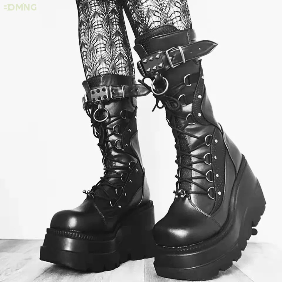 Bota Feminina De Cano Médio Com Sola Grossa Estilo Punk Tamanho Grande 2022