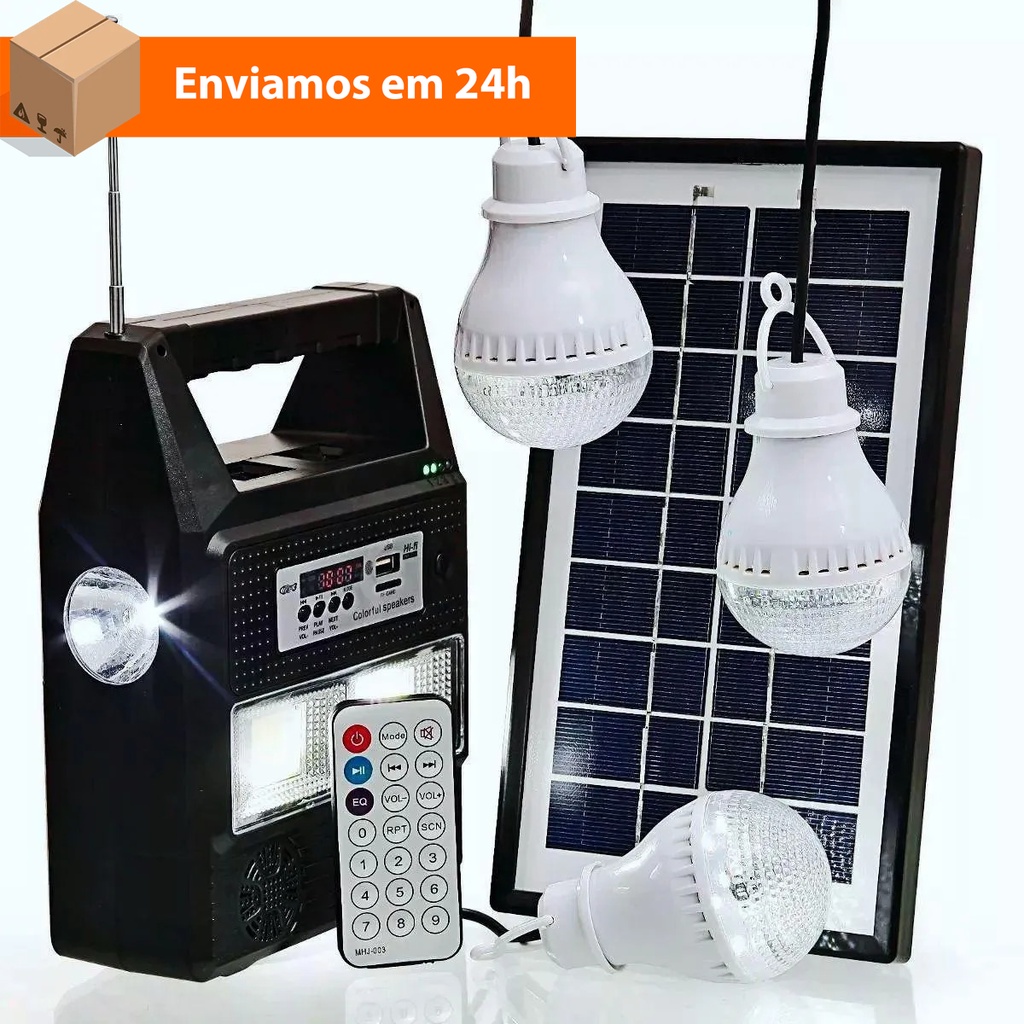 Kit Bateria Portátil Painel Solar Lâmpada Led Rádio Mp3 Bluetooth