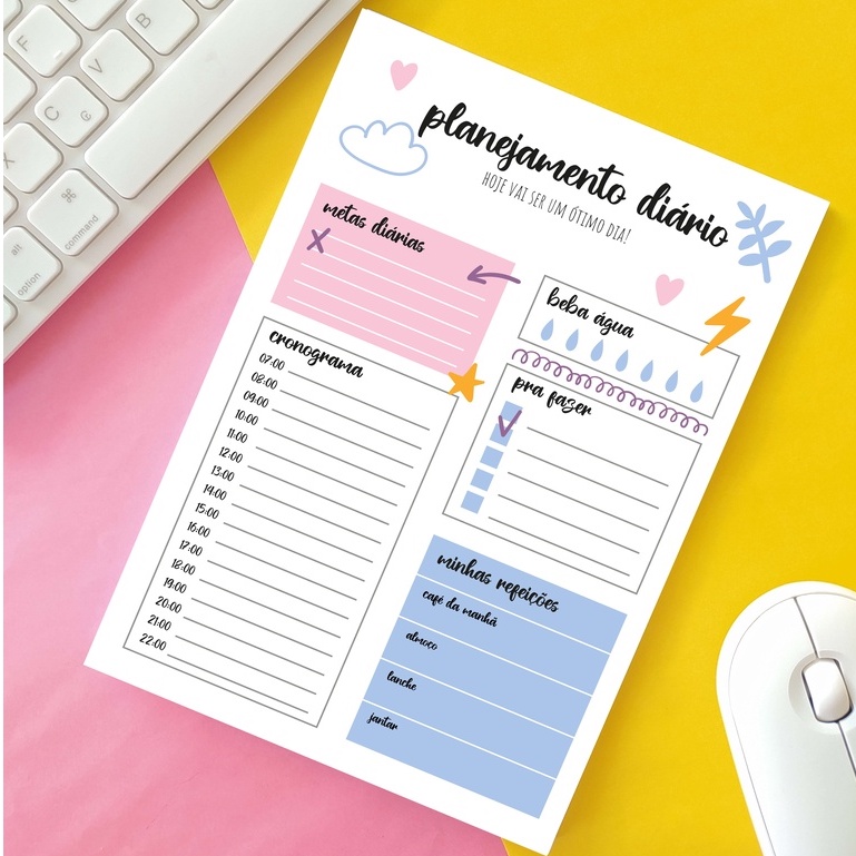 Planejador Diário bloco, organização, organizar o dia, planner diário, planner semanal, planner mensal