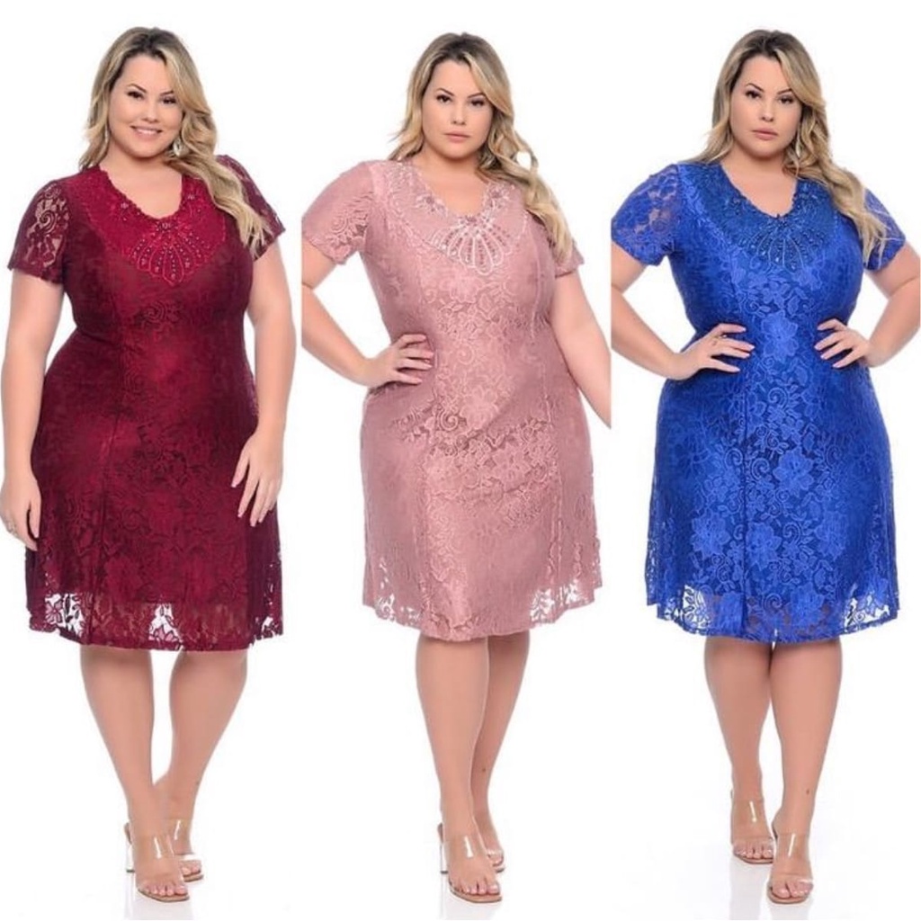 Vestido midi plus size de renda para festa casamento batizado formatura  moda evangélica