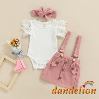 Dandelion-0-18 Meses Baby Girls Summer Outfit Sets White Flying Sleeve Ribbed Romper + Cor Sólida Saia Suspensa + Faixa De Cabeça