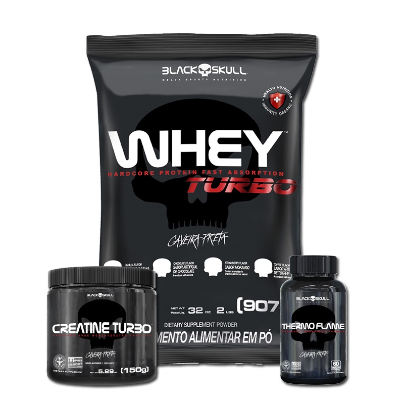 Kit Whey Turbo 907g + Thermo Flame 60 Tabs + Creatina Turbo 150g – Black Skull