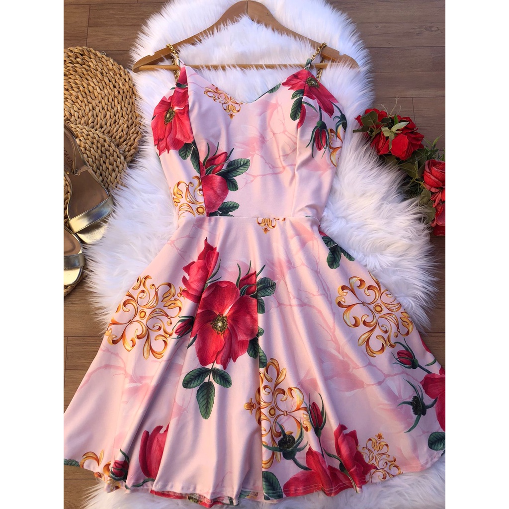 Vestido curto boneca alcinha corrente acinturado rodado moda