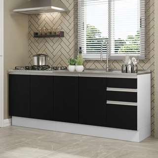 Kit com 2 Balcões de Cozinha Madesa Glamy 4 Portas 3 Gavetas (Sem Tampo e Pia) - Branco/Preto em Oferta na Shopee