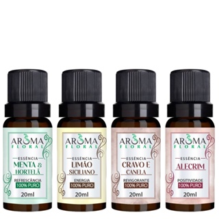 Kit 4 Essências Alecrim, Menta e Hortelã, Limão Siciliano e Cravo e Canela 20ml Aroma Floral