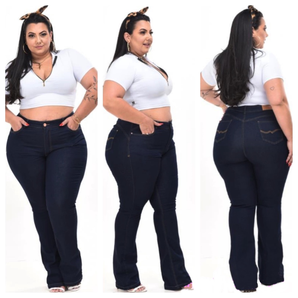 CALÇA JEANS PLUS SIZE FLARE CINTURA ALTA COM ELASTANO 46 AO 56