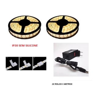 10 Metros Fita Led 3528 IP20 Branco Quente + Fonte Bivolt Sanca Gesso