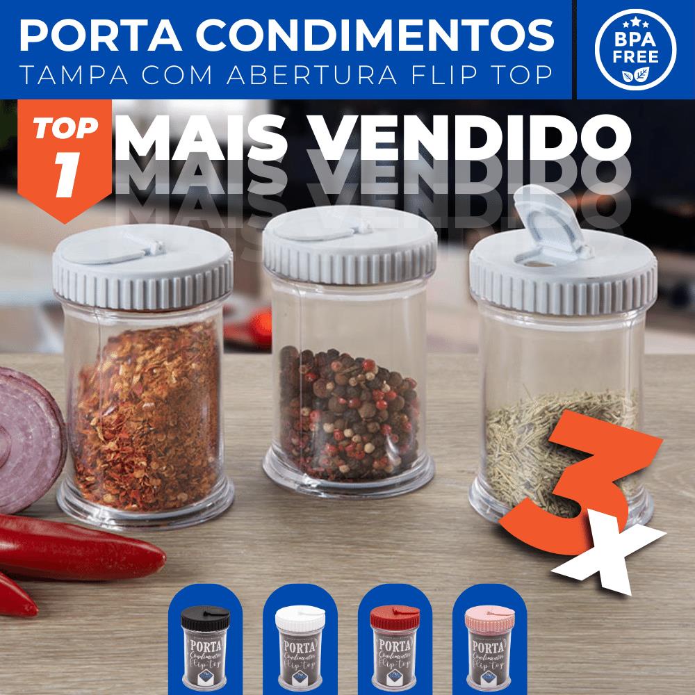 Kit 3 Porta Temperos Condimentos Acrilico c/ Tampa Flip Top