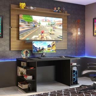 Mesa para Computador Gamer Madesa 9409 e Painel para TV até 65 Polegadas - Preto/Rustic em Oferta na Shopee