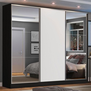 Guarda Roupa Casal 100% MDF Madesa Zurique 3 Portas de Correr com Espelhos - Preto/Branco