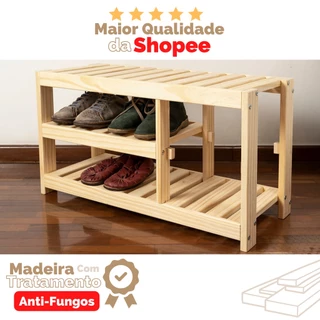 Sapateira Pinus Com Banco Em Madeira Pinus Natural Multiuso 3 Prateleiras