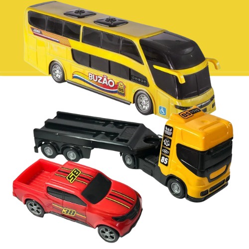 Kit 1 Caminhão Cegonheira C/ 2 Carrinhos Caminhão Reboque Cegonha C/  Carrinho + 1 Onibus Buzão Brinquedo Infantil - Escorrega o Preço