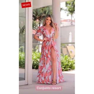 conj moda praia feminino maiô e saída longa ou chemise, mesma estampa