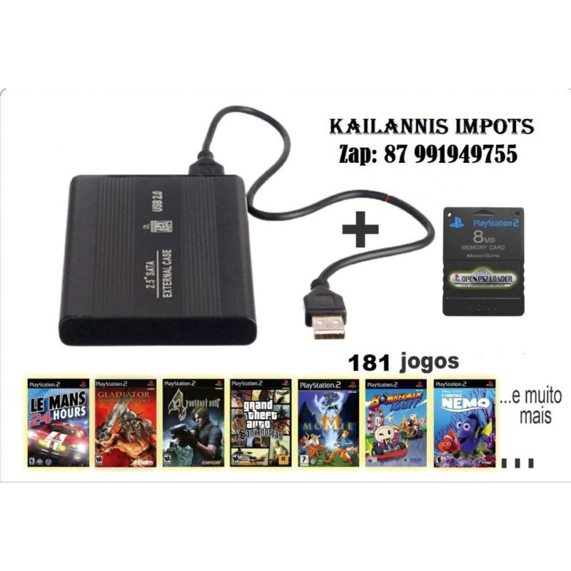 HD 750g + CASE + MEMORY CARD 8MB C/ OPL ATUAL COM 280 jogos de ps2