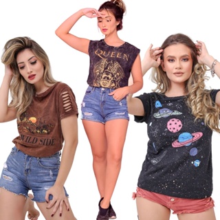 Kit 3 Blusa verão moda feminina estampada alça e manga - Sortido