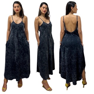 Vestido Longo De Alcinha Com Bolso Lateral Em Malha 100% Algodão