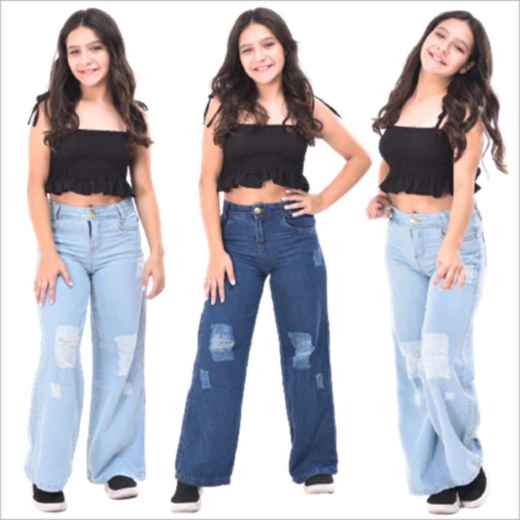 Calça jeans pantalona wide leg infantil destroyed juvenil 10 ao 16