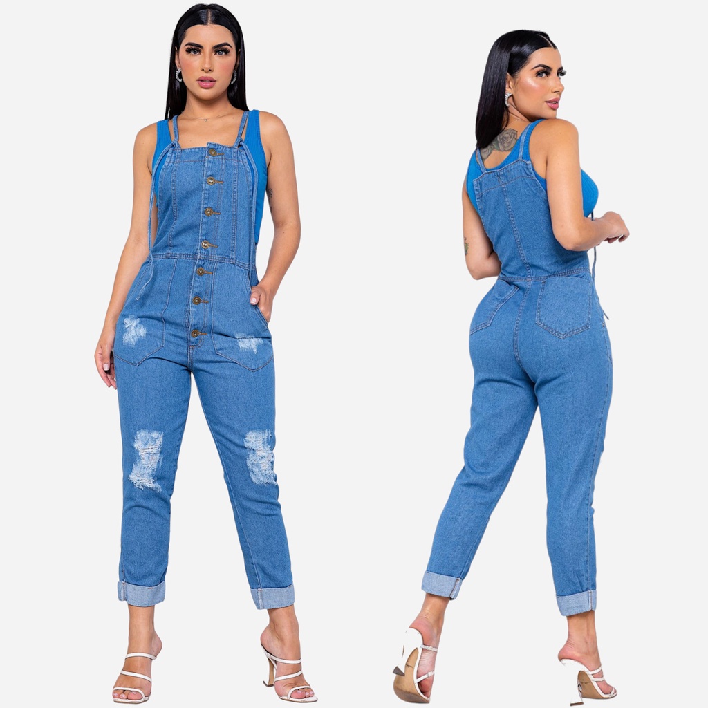 Calça Jardineira Macaquinho Jeans Moda Feminina em Macacao Longo ...