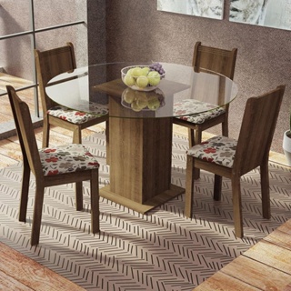 Conjunto Sala de Jantar Madesa Paula Mesa Tampo de Vidro Redondo 4 Cadeiras - Rustic/Hibiscos