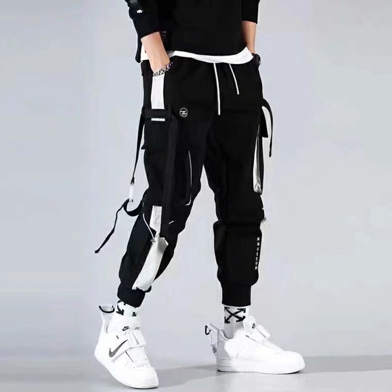 Calça Cargo Masculina De Bolsos Múltiplos Pretos Hip Hop Casual Jogger Streetwear