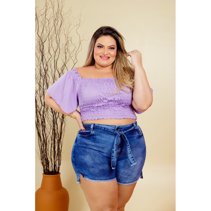 Short Jeans Feminino Plus Size Com Lycra Cintura Alta