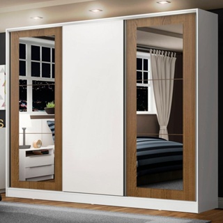 Guarda-Roupa Casal 100% MDF Madesa Eros 3 Portas de Correr com Espelhos - Branco/Rustic/Branco