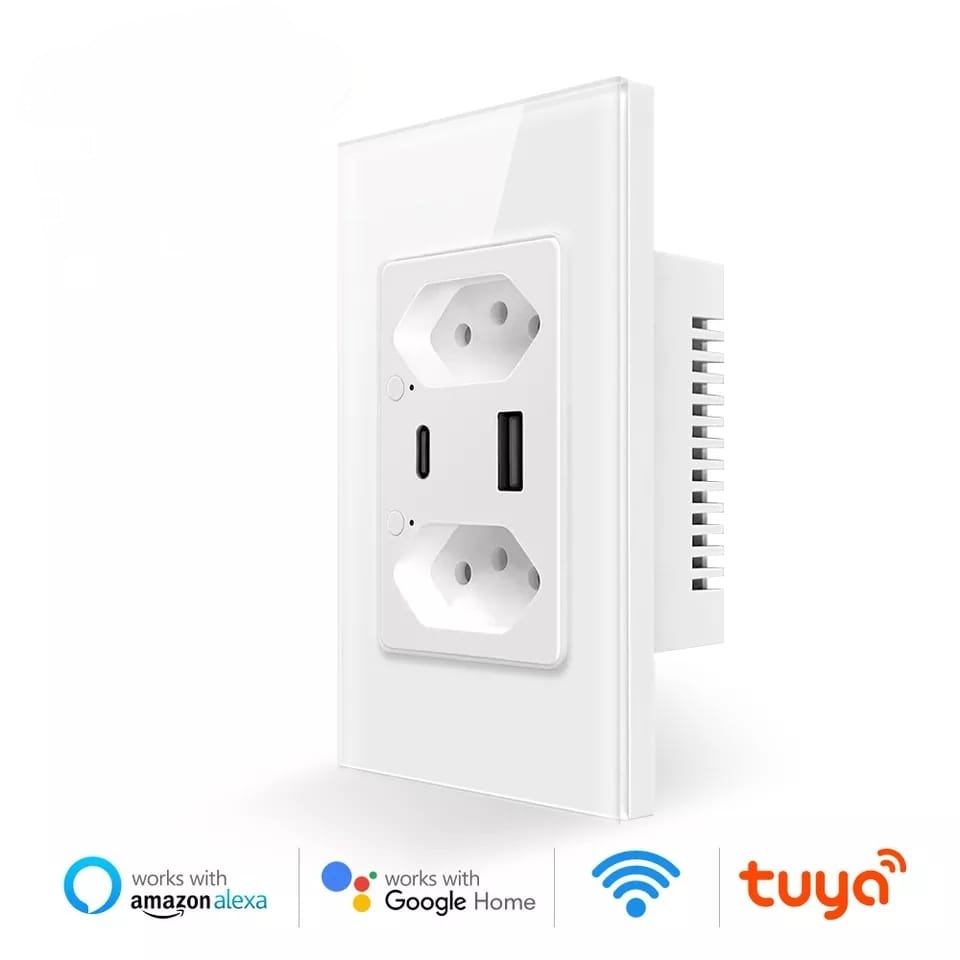 Tomada De Parede Tuya WiFi Brasil Tipo C/USB Pode Controlar Independentemente por Soquete Controle De Voz Tomada De Parede Tuya Wifi Brasil Tipo C/Usb Pode Controlar Independentemente Os Soquetes Inteligente Programável Automação Residencial Control Por