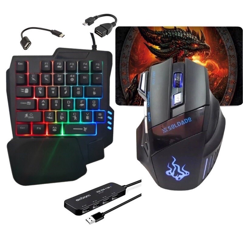 Kit Mobilador Gamer Completo Teclado One Hand E Mouse + Kit Celular + Mouse