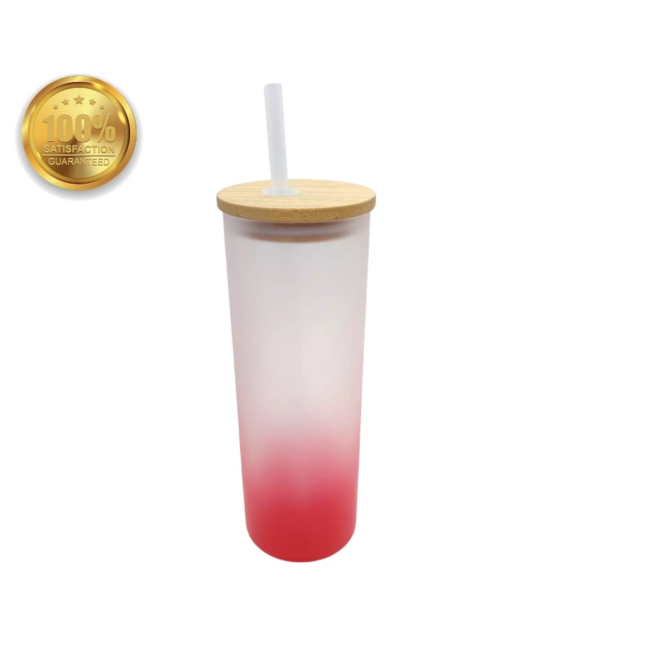 Copo de Vidro Jateado 500ml Para Sublimação Tampa de Bambu e Canudo Degradê Vermelho