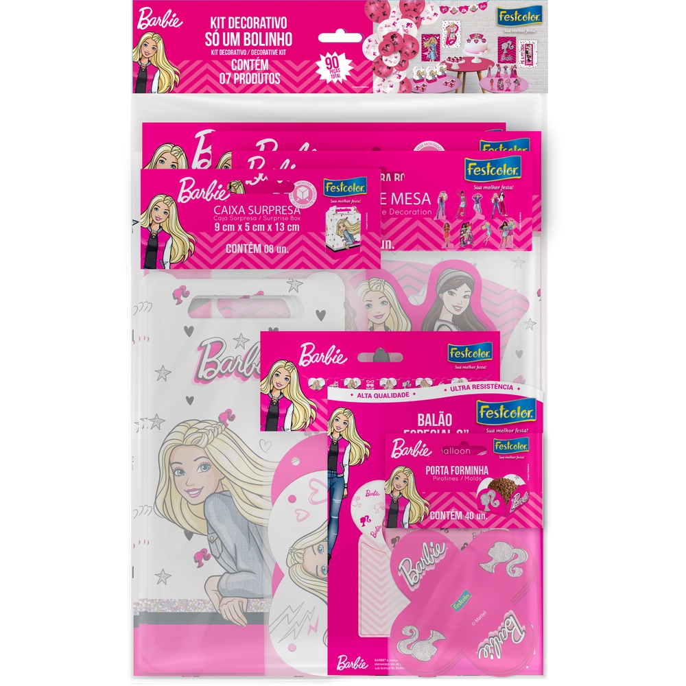 Kit Aniversário Só um bolinho Barbie Festcolor 90 peças - Saco de Presente,  Saco Transparente, Saco Adesivado, Embalagem Trufas, Tapetinhos para Doces,  Toalha mesa plástico, Descartáveis