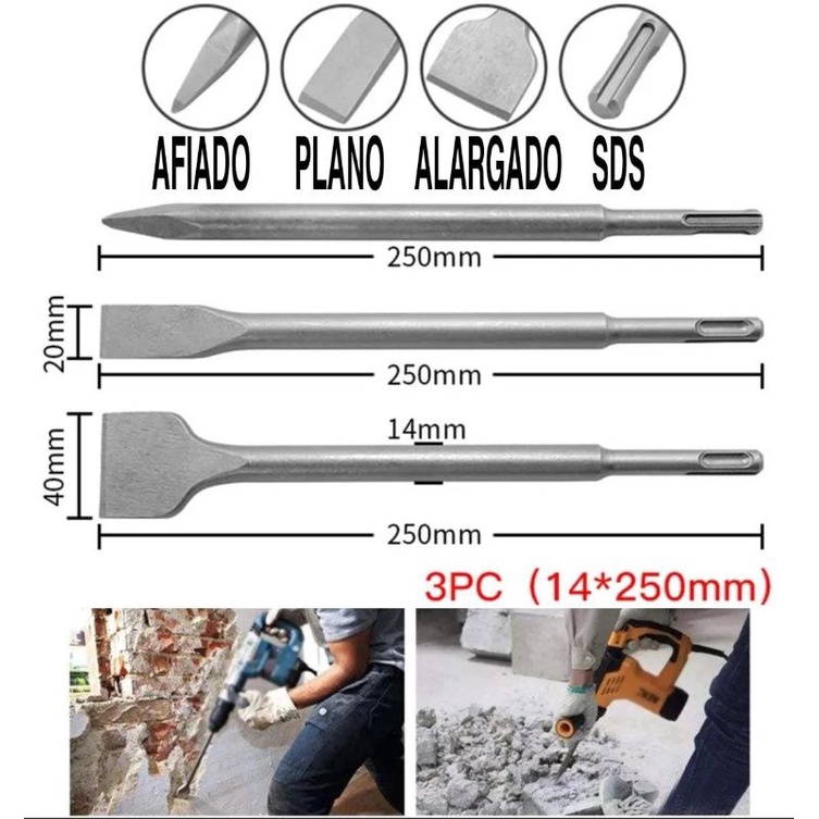 Jogo 3 Peças Ponteira E Talhadeiras Para Martelete Sds Plus | Shopee Brasil