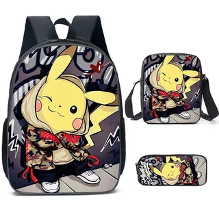 Mochila Anime Três Peças Mouse Elétrico Pikachu Estudante Conjuntada Bolsa Combinada