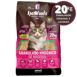 20kg de Granulado Areia Pinus Higiênico de Madeira Ipet Woods para Gato, Coelho, Hamster, Roedores - Embalagem Original e Lacrado