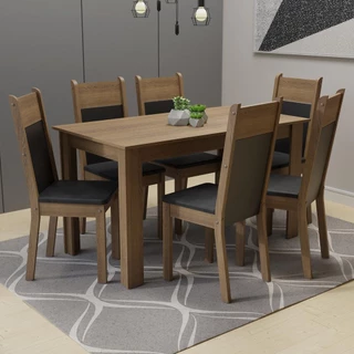 Conjunto Sala de Jantar Madesa Medelin Mesa Tampo de Madeira com 6 Cadeiras - Rustic/Preto/SintPreto
