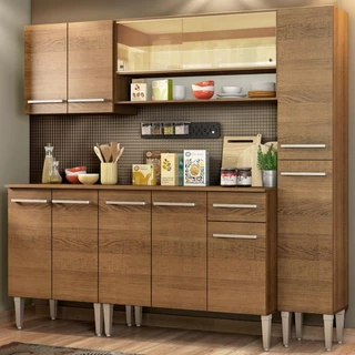 Cozinha Completa Madesa Emilly Sky com Armário Vidro Reflex e Balcão - Rustic em Oferta na Shopee