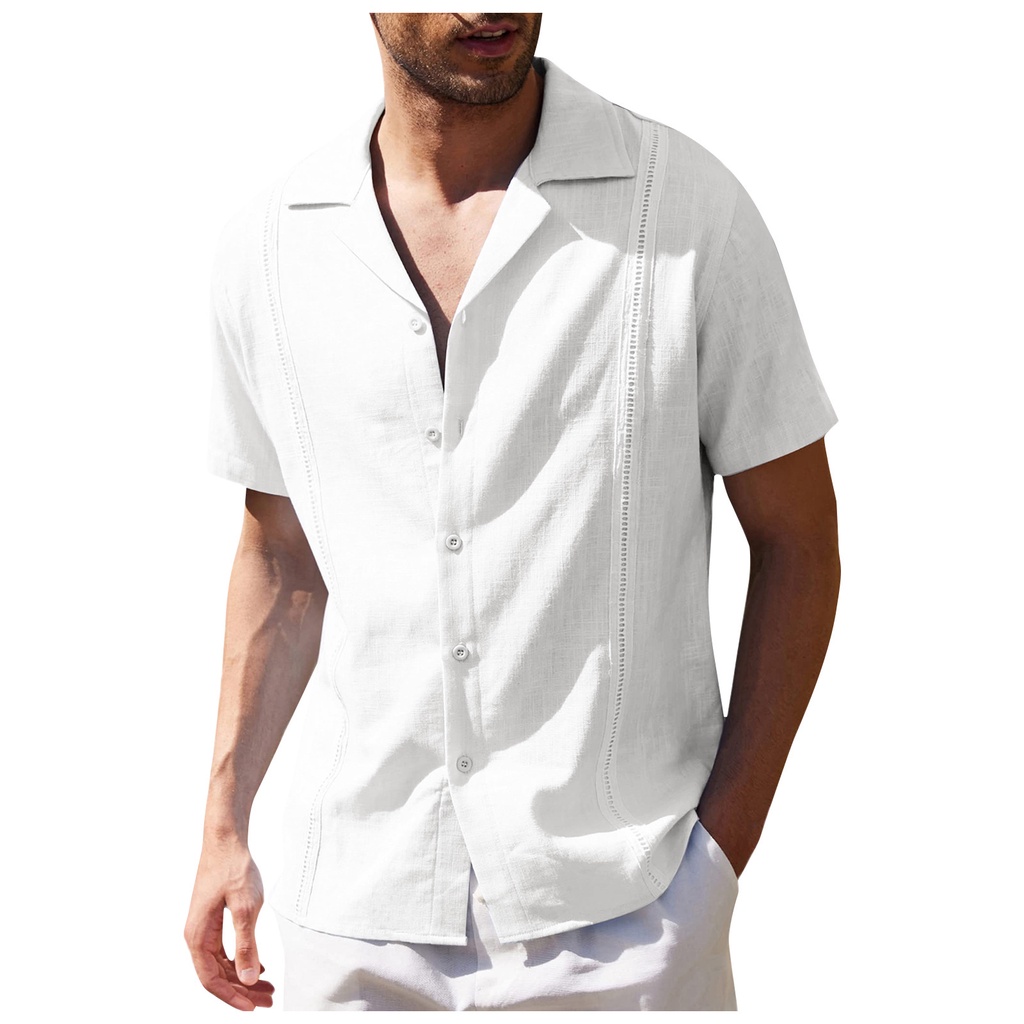 Camisa De Linho casual Solta Para Homens Cuba Guayabera Manga Curta ...